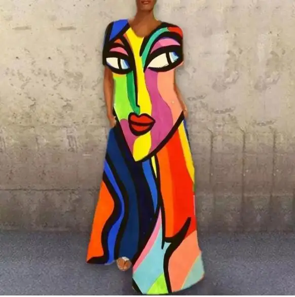 

Elegant Abstract Girl Cartoon Printed Dress Women Vintage V-Neck Long Party Dresses Casual Short Sleeve Pocket A-line Dresses