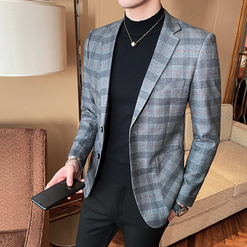 Plus Size Plaid Blazer for Men 2020 Spring New Long Sleeve Mens Suit Coats All Match Slim Fit Luxury Mens Blazer Jackets 4XL-M