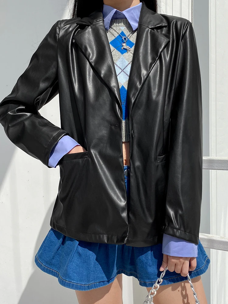 Autumn Unique Chic PU Leather Jacket Fashion Cool Smooth Lapel Long Sleeve Buttons Wild Black Coats for Women Ladies Streetwear