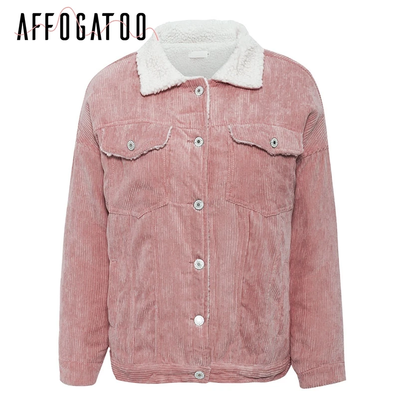 pink Afogatoo Повседневная Вельветовая осенне-зимняя куртка, пальто для женщин, винтажные розовые куртки с длинным рукавом, женская теплая парка, женская верхняя одежда, пальто - Цвет: pink