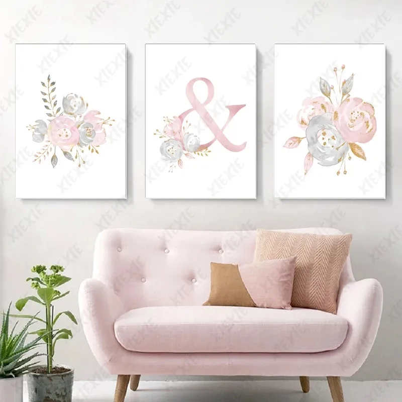

Pink Romantic Alphabet Canvas Painting Fresh Art Poster Wallpaper Craft Print Nordic Picture Home Living Room Decoration