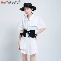 blouse mini dress women with ruffle lace up belt 2022 summer long shirt loose fit 2 styles wear irregular white black