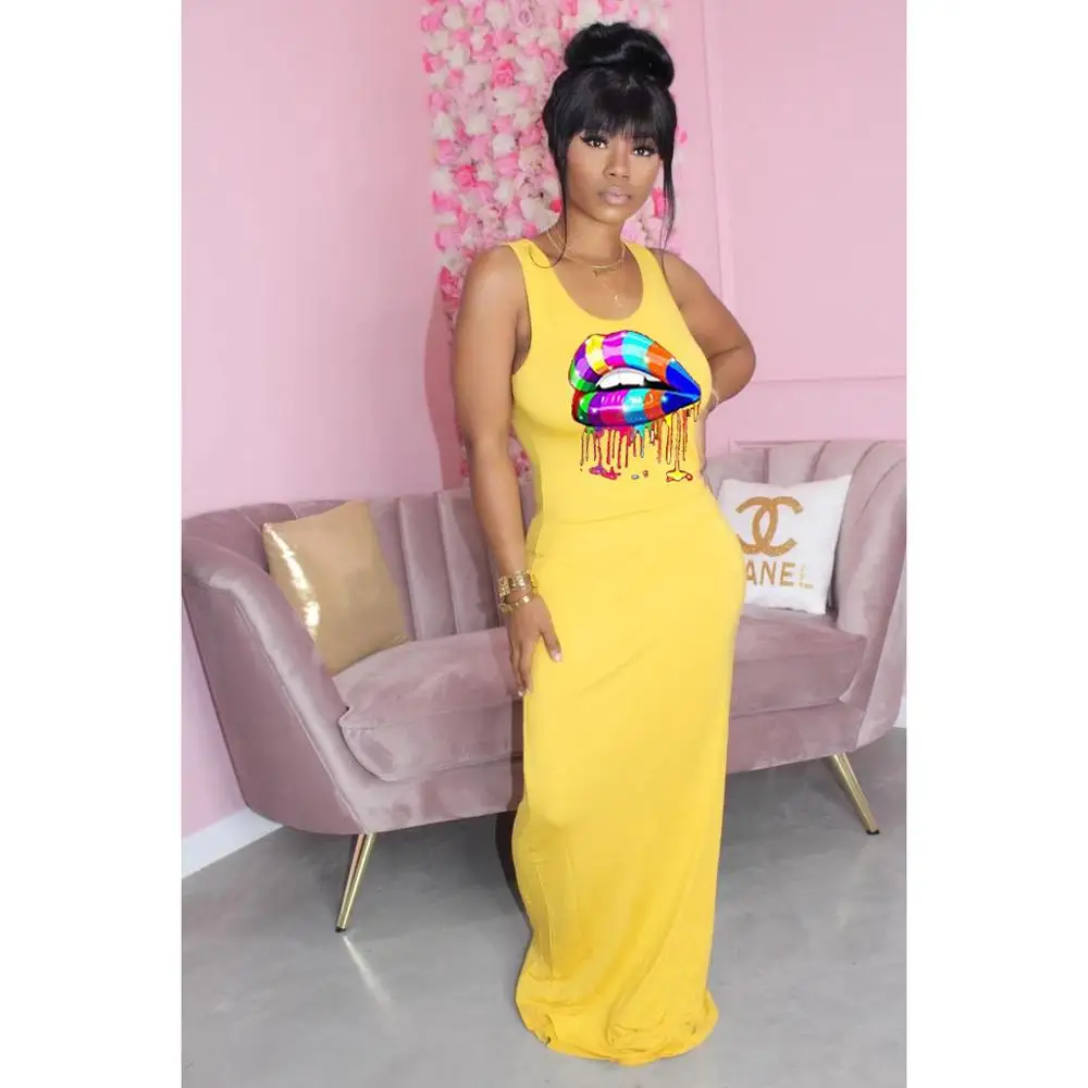 

Colorful Lips Print Dress For Women Bohemia Casual Gothic Spaghetti Floor Length Shirts Dresses Egirl Sexy Party Clothes