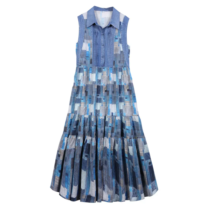 

New Retro Casual Printed Plaid Shirt Stitching Dress Plus Size Vest Denim Blue Big Swing Skirt Female Summer 2021