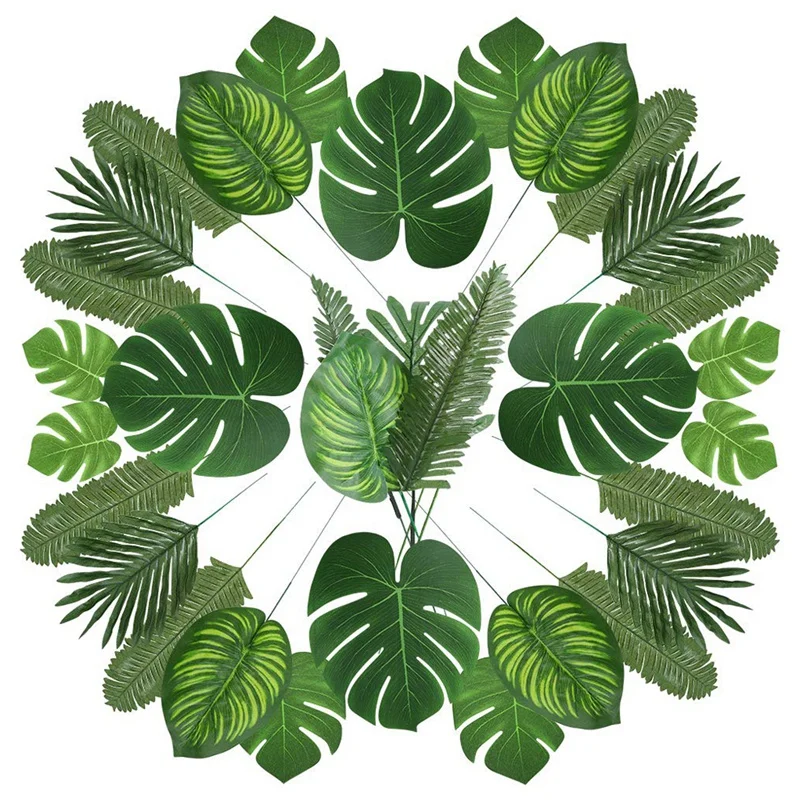 

NEW-90 Artificial Palm Leaves with Stem for Tropical Party Decoration Aloha Jungle Beach Anniversary Palm Leaves