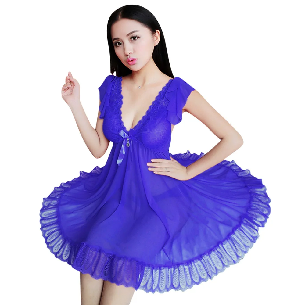 blue Пижама женская домашняя одежда ночнушка ночная сорочка Сексуальные кружевные женские пижамы, большие размеры, женское нижнее Белье для сна, ночная сорочка, прозрачное ночное платье, ночная рубашка, ночное белье - Color: blue