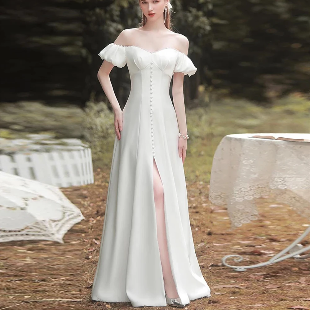 

Off-Shoulder Pearl Short Sleeve Backless Lace-up Floor Length Slit Wedding Dress Bride Gown Vestidos De Novia robe mariée
