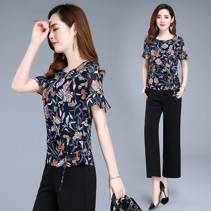 Женские повседневные Летние шифоновые блузки с круглым вырезом и цветочным