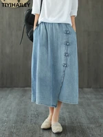 free shipping 2021 new cotton denim long mid calf skirts for women summer spring elastic waist a line chinese style skirts