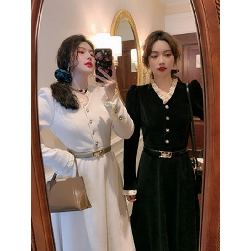 

2020 Winter Thick Women Dress Velvet Lace Patchwork Female Dresses Lantern Sleeve Ladies Clothes Plus Size 4XL Sahes Vestidos