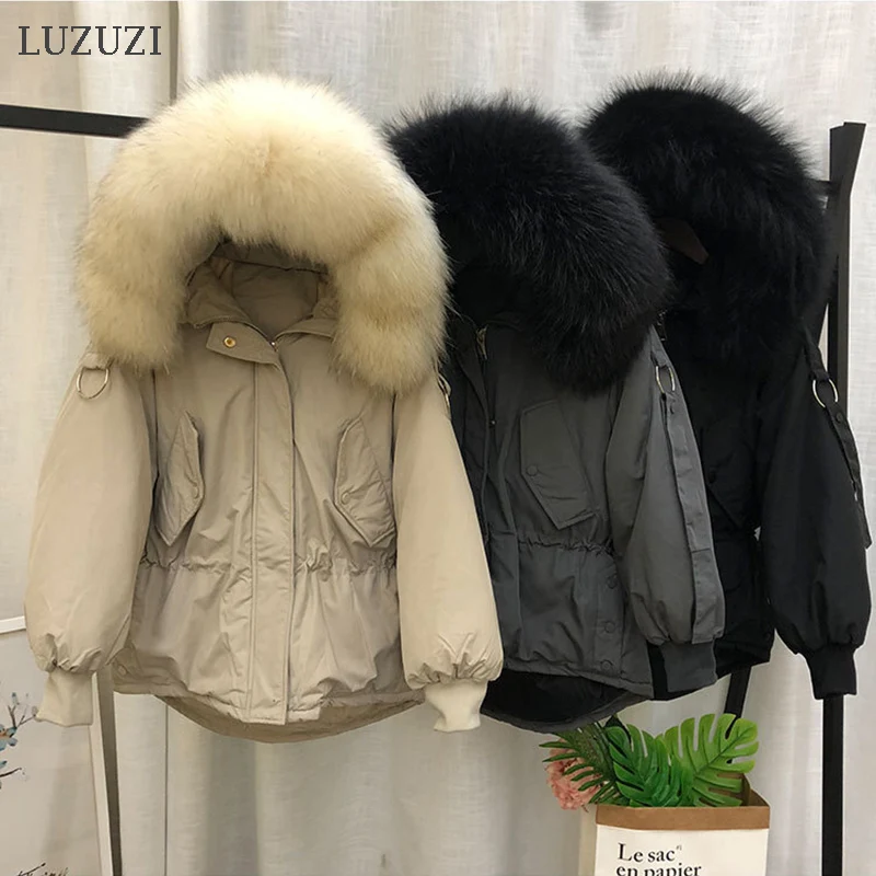 LUZUZI большой натуральный мех енота 2019 женский зимний пуховик с капюшоном Теплый