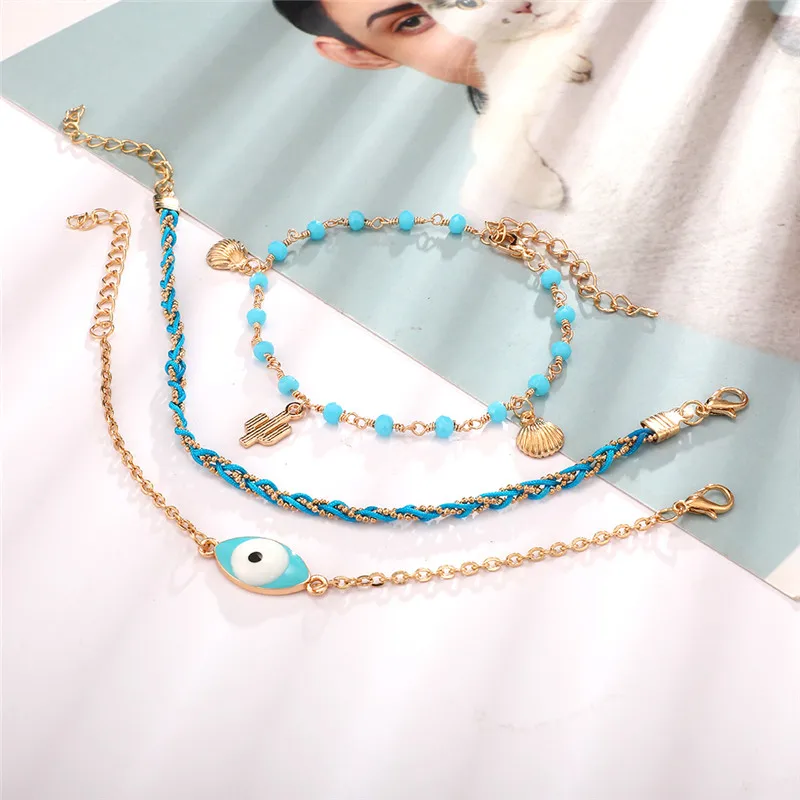 Docona богемные пляжные синие плетеные оболочки кактус глаз Многослойные ножные