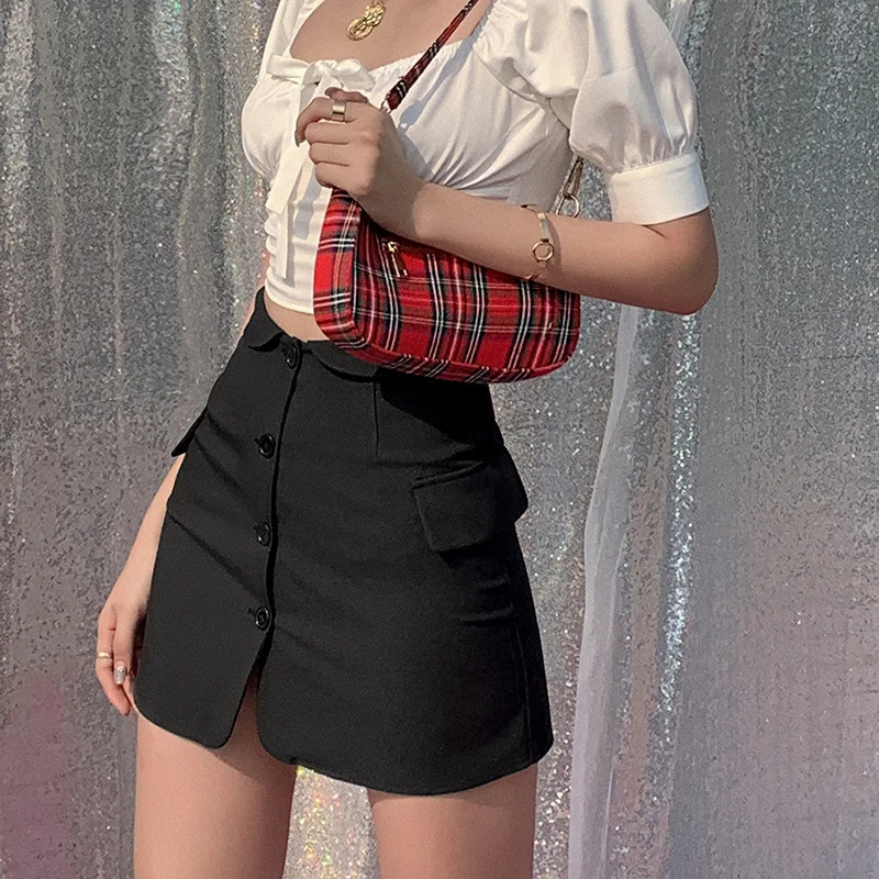 Женская однобортная мини-юбка LVINMW однотонная черная с фальшивым карманом и