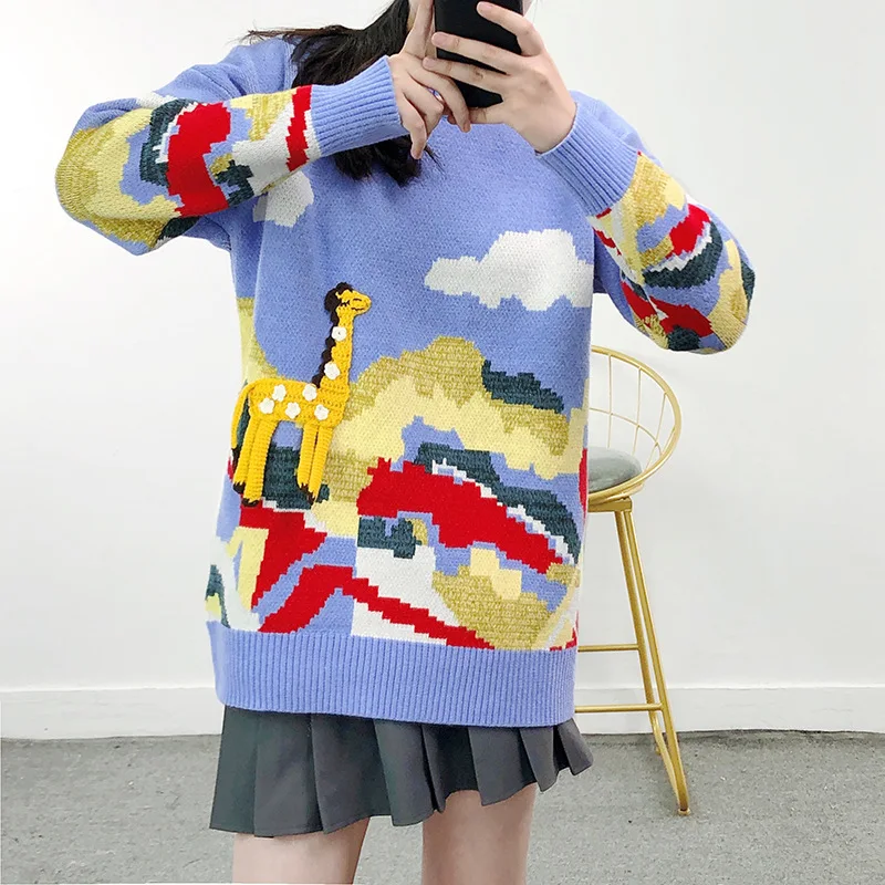 Женский жаккардовый свитер Lazy Oaf свободный толстый вязаный с 3D крючком жираф