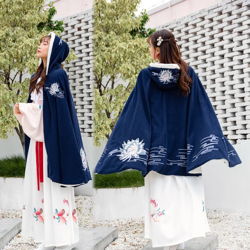 

Женская одежда Hanfu, накидка в старинном стиле с капюшоном, утепленная накидка средней длины на осень и зиму, шерстяное пальто