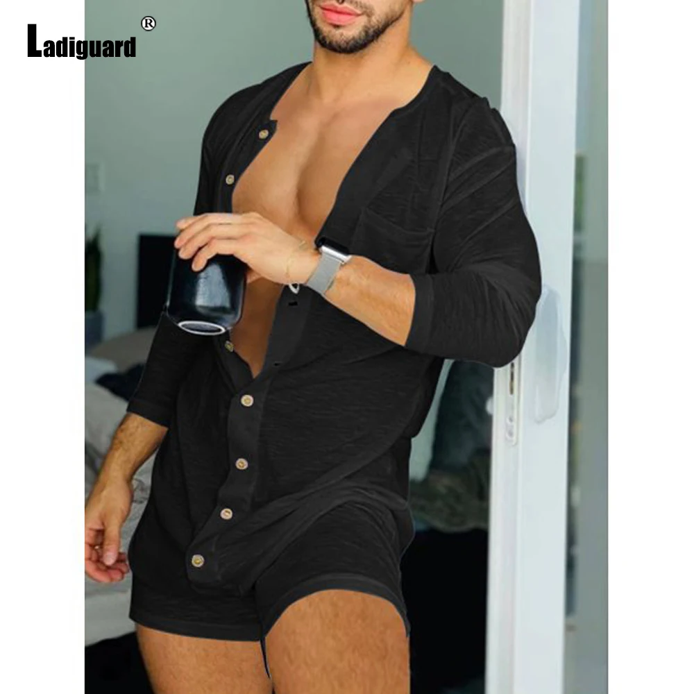 Ladiguard Sexy Thin Mens Set Long Sleeve Button Onesie Bodysuit 2022 Summer New Fashion One-piece Jumpsuit Black White Playsuits