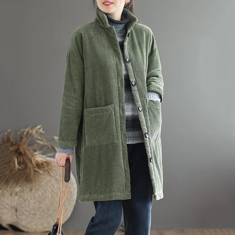 2021 autumn winter new literary fan corduroy cotton-padded coat cotton-padded jacket women mid-length warm plus velvet coat s569