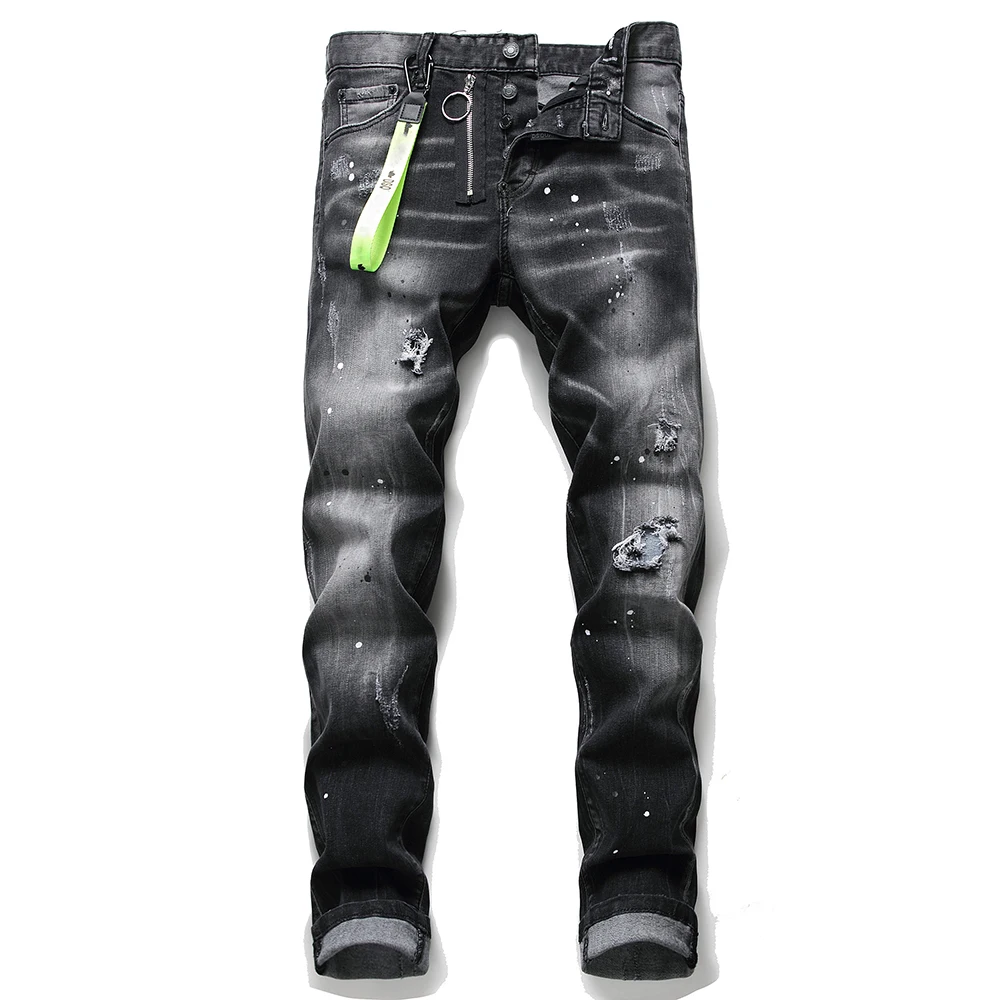 

Mens Famous Brand European Dsq Biker Jeans Men Slim Jeans Pants Mens Denim Trousers Zipper Black Hole Pencil Pants Jeans for Men
