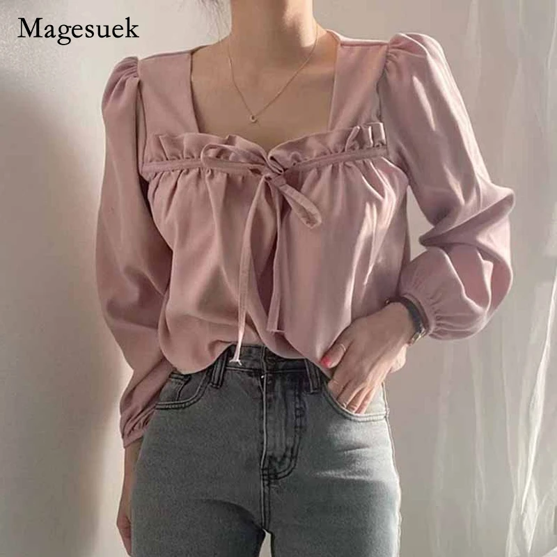 

Autumn New Square Collar Puff Sleeve Lace-up Shirt Pleated Vintage Shirt Korean Long Sleeve Women's Blouses Tops Blusas 16367