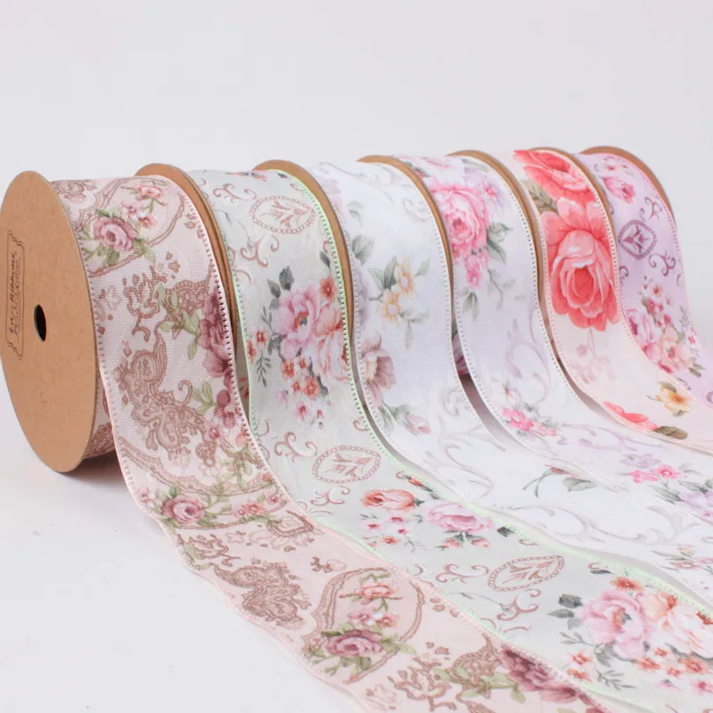 Лента с цветочным принтом 10 ярдов в рулоне для подарка торта Свадебная Упаковка