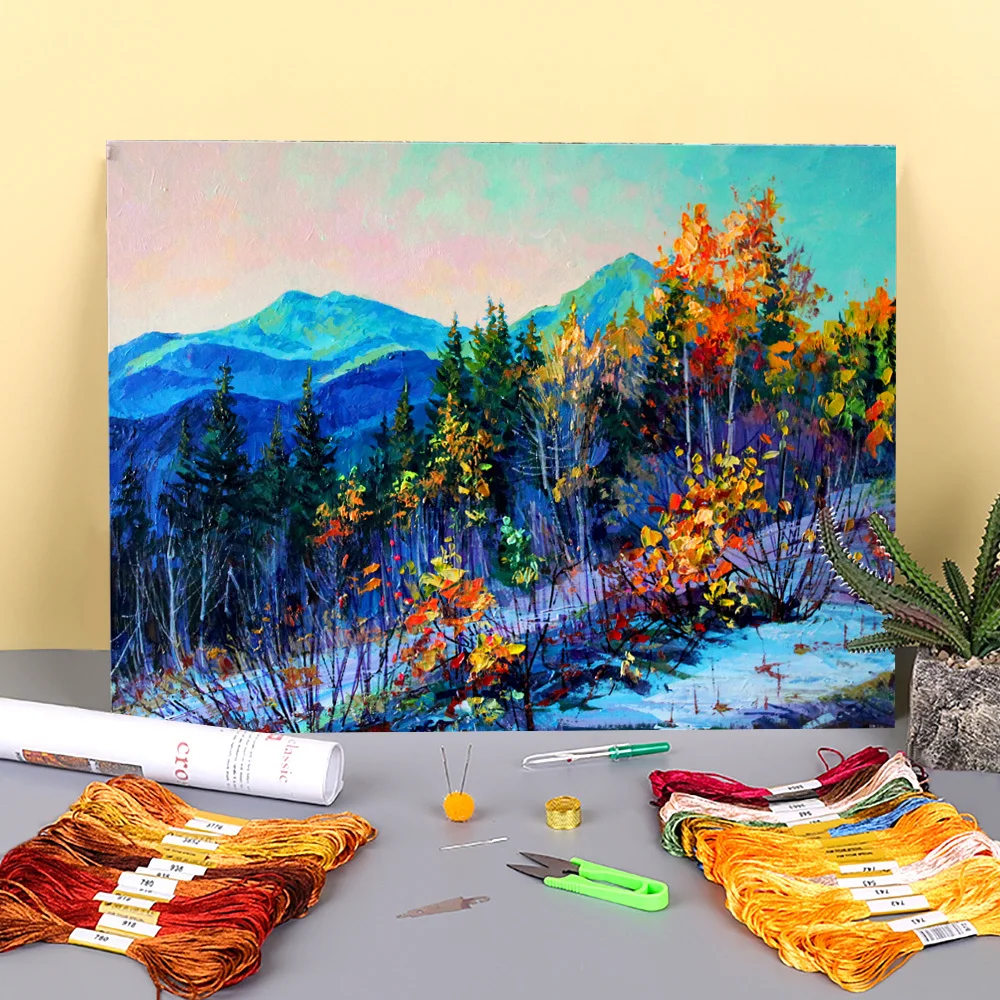 

Landscape Autumn Morning Printed Fabric 11CT Cross Stitch Embroidery Kit DMC Threads Needlework Knitting Handicraft Needle