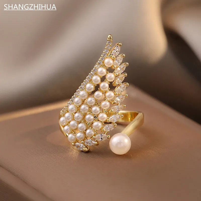 

2023 South Korea's new luxury pearl zircon opening adjustable ring for women, stylish and unusual jewelry exquisite gifts