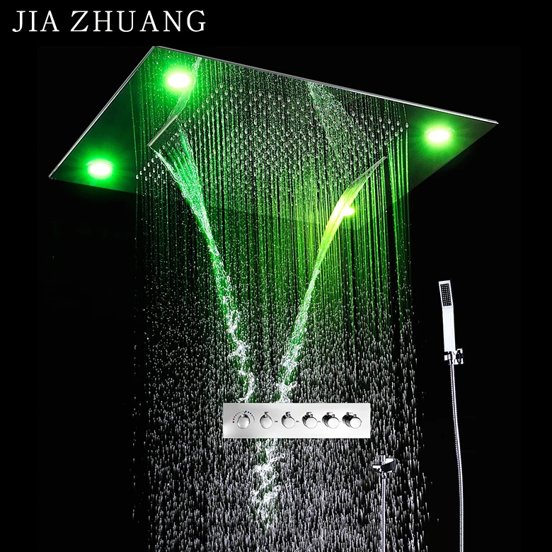 

Big Size Recessed 5 Ways Thermostatic Diverter Mixer Shower LED Waterfall Rain Spa Overhead Faucet Sets