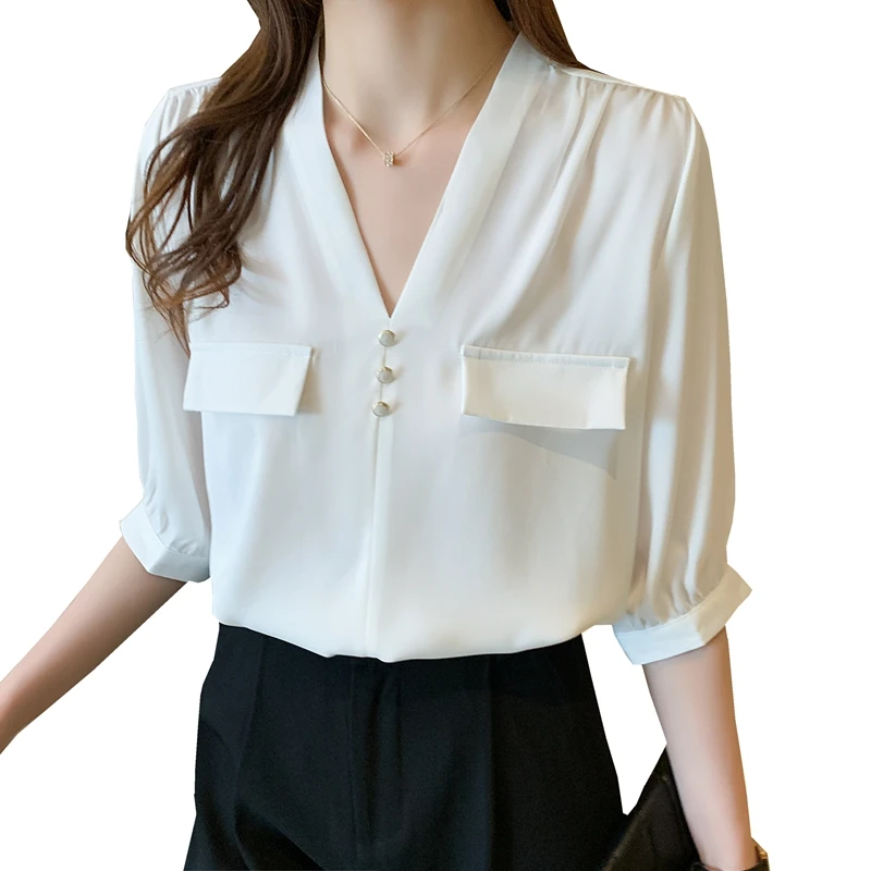 

women new summer half-sleeve V-collar shirts loose solid colour Pocket button decoration career elegant Lady Chiffon shirts tops