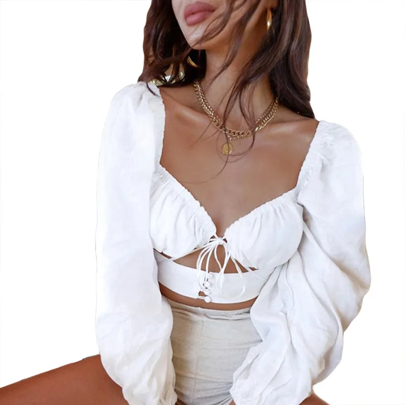 

Women Blouse Autumn Sexy Hollow Out Long Sleeve V Neck Casual Solid Color Top