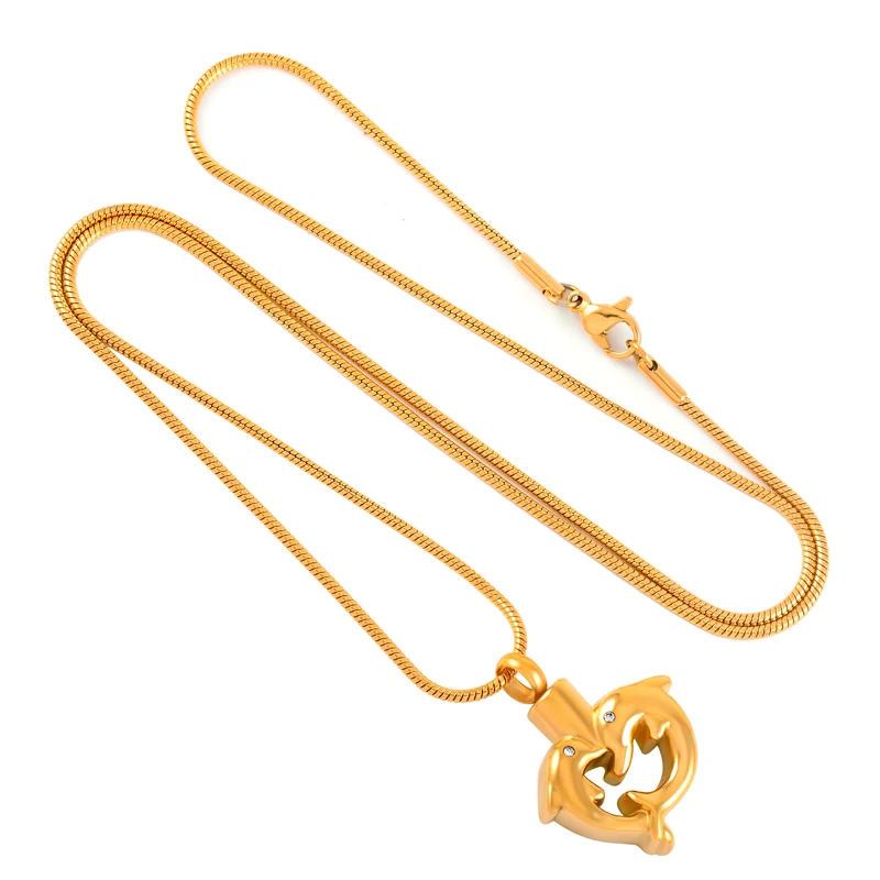 

IJD8491 Double Dolphin keepsake Stainless Steel heart shape Cremation Souvenir Fish Urns Necklace for Ashes Urn Pendant Jewelry