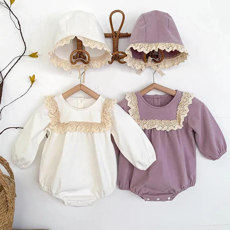 

0-24M Newborn Baby Lace stitching Jumpsuit+Hat Korean Style Spring Autumn Baby Girl Bodysuits Cotton Long Sleeve Baby Clothes