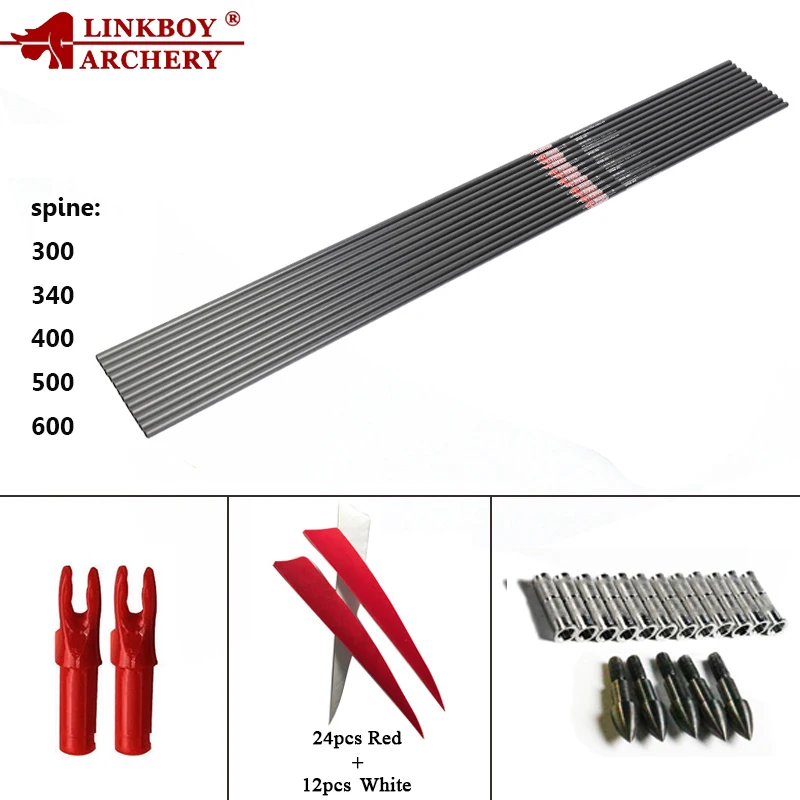 12 шт. Linkboy стрельба из лука углеродную стрелу ID6.2mm Spine300 800 5 дюймов Турция перо
