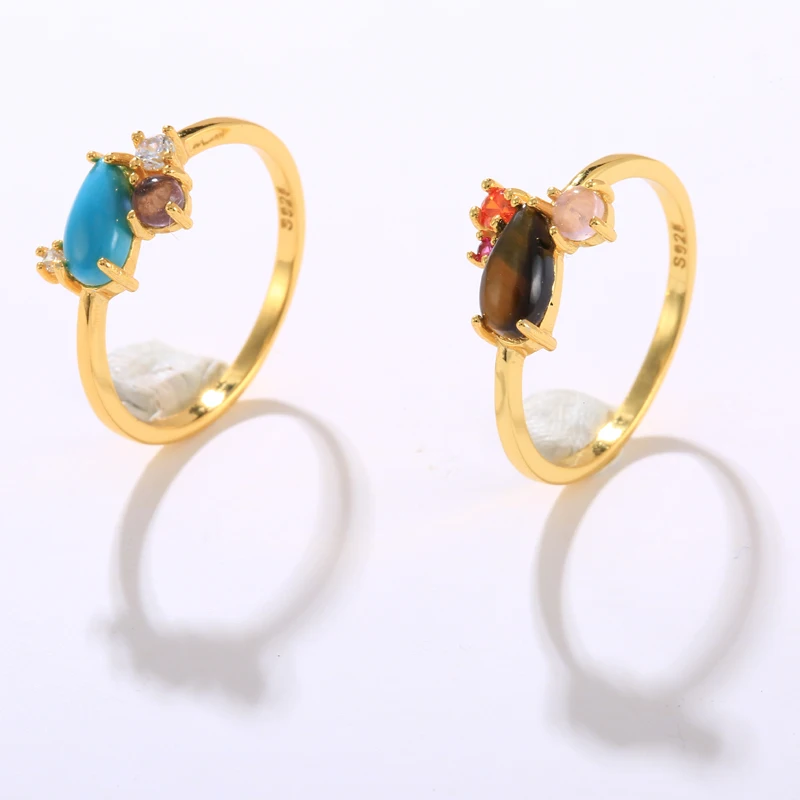 

ROMAD 925 Sterling Silver Oval Blue Turquoise Coffee Color Zircon Rings For Women Gift Boho Wedding Engagement Ring Party Jewel