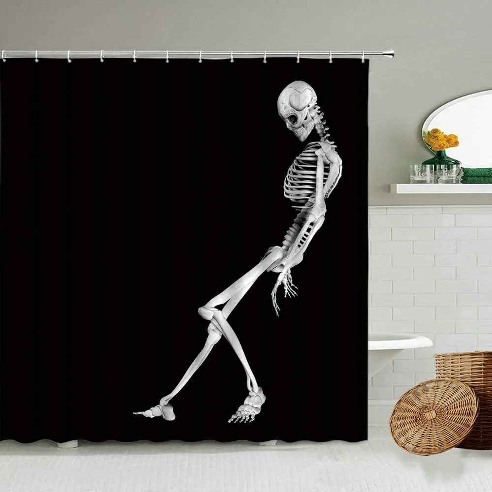 

Rock Skull Skeleton Shower Curtain Halloween Horror Funny Black Background Bathroom Waterproof Polyester Screen Home Decoration