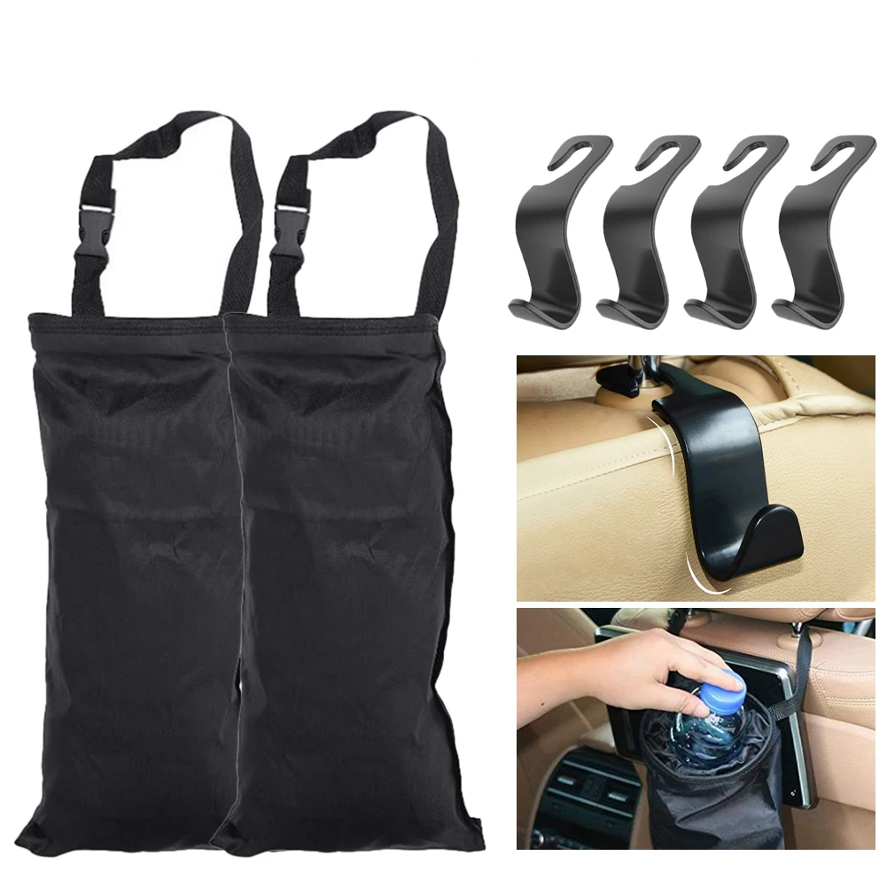 

6pcs Car Trash Bag Seat Back Garbage Bin Washable Oxford Cloth Trash Holder with 4 Headrest Hanger Hook Car Interior Accessories