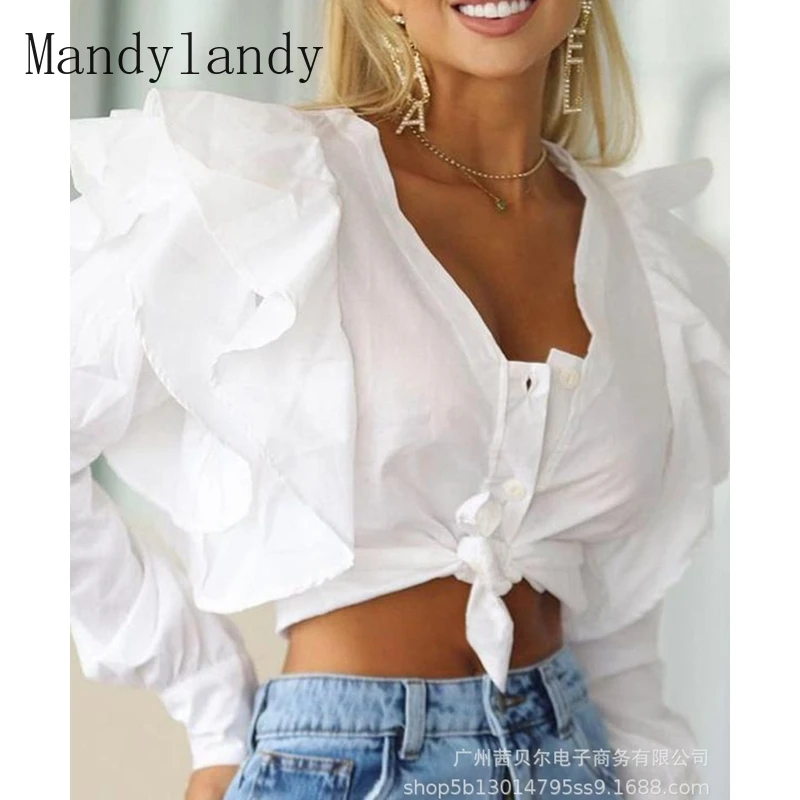 

Mandylandy Shirt Autumn Ruffles Stitching Long Sleeve V-neck Single Breasted Shirt Women's Casual Solid Color Slim Bandage Shirt