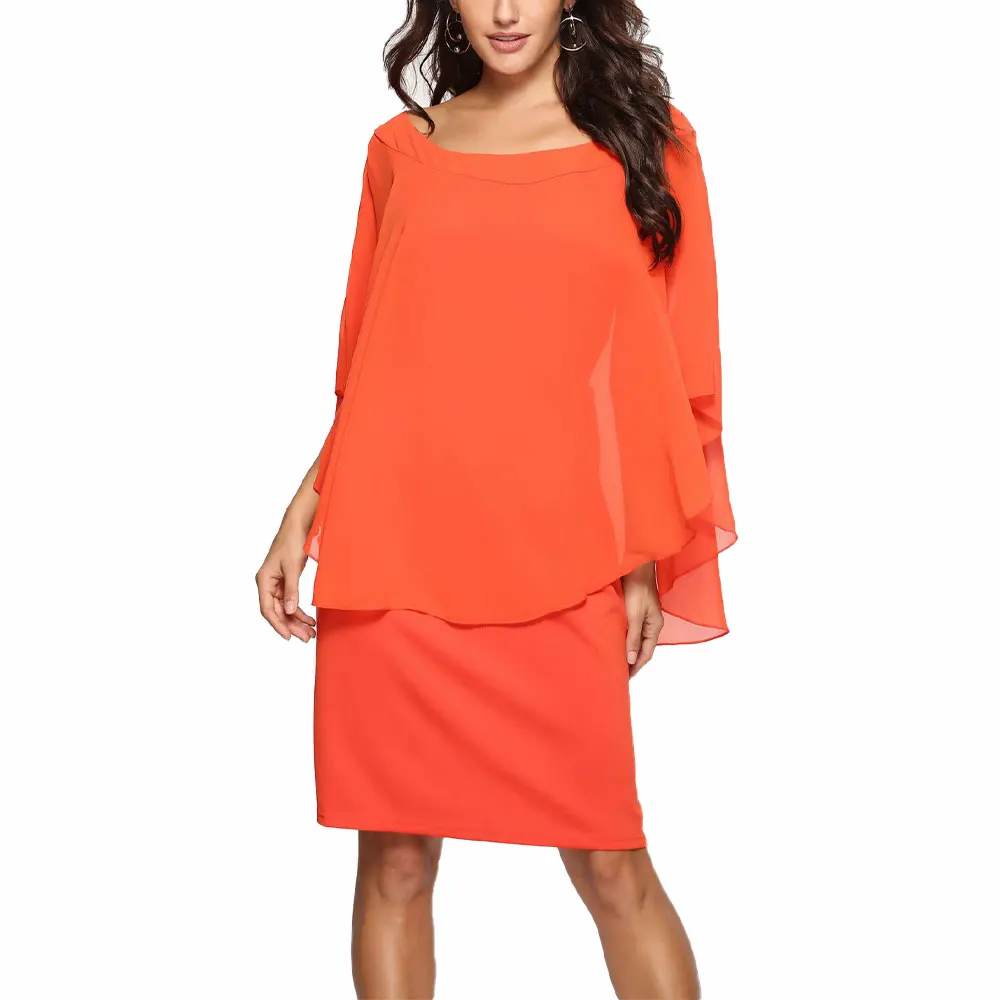 

Womens Summer Loose Vestido Solid Color Fake Two Chiffon Vestidos Ladies Office Lady Midi Dress
