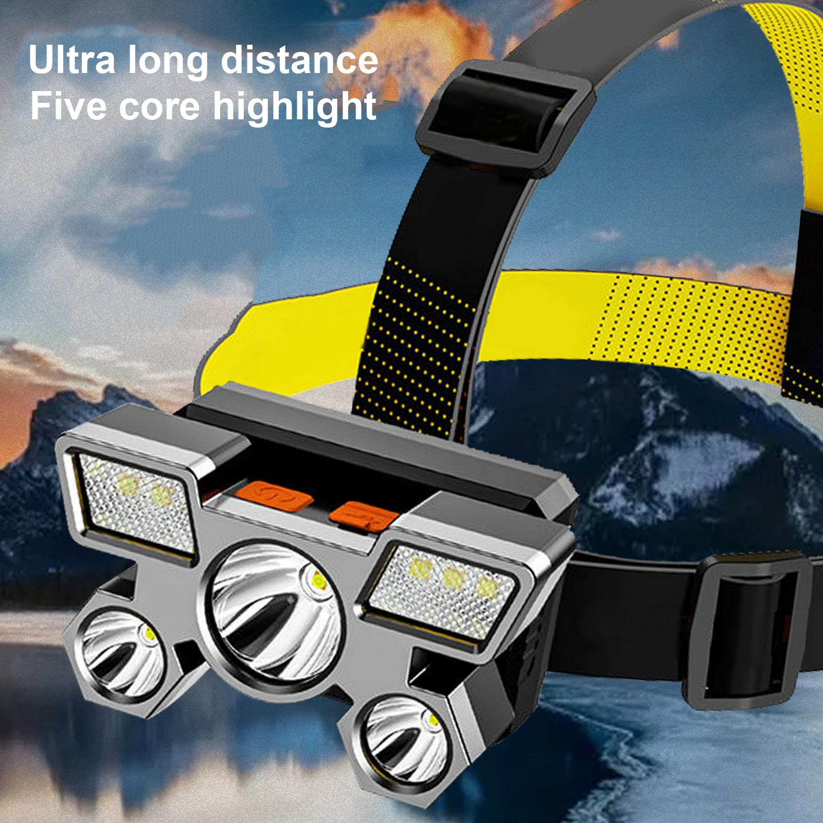 

New 5LED Strong Headlamp High Power Rechargeable Headlight Waterproof Fishing Light Battery Display Warning Function flashlight