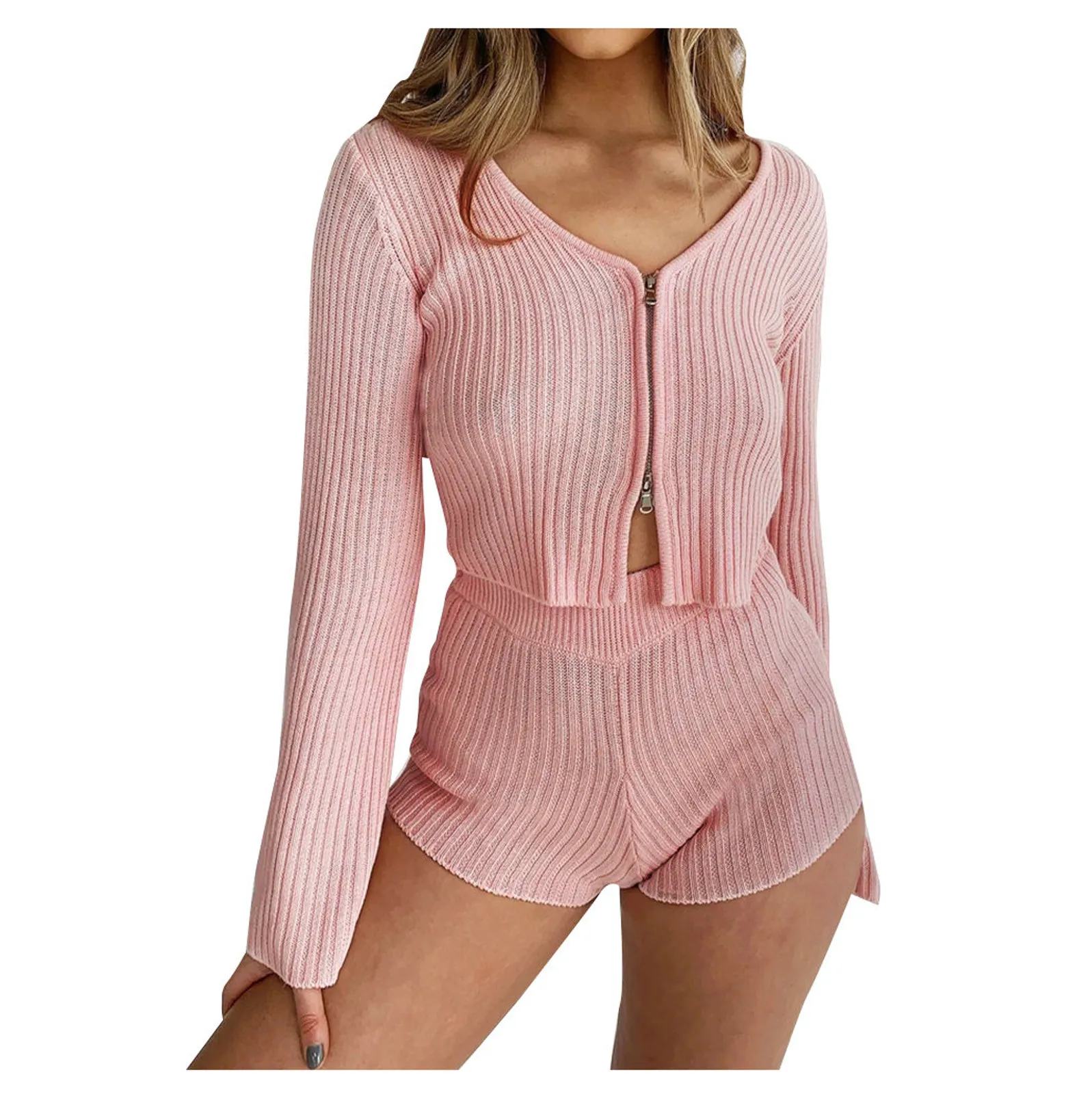 

Solid V-neck Pajamas Set Women Zipper Flared Sleeve Loungewear Set Top + Shorts Sets Casual Loose Homewear Comfort Soft Homesuit