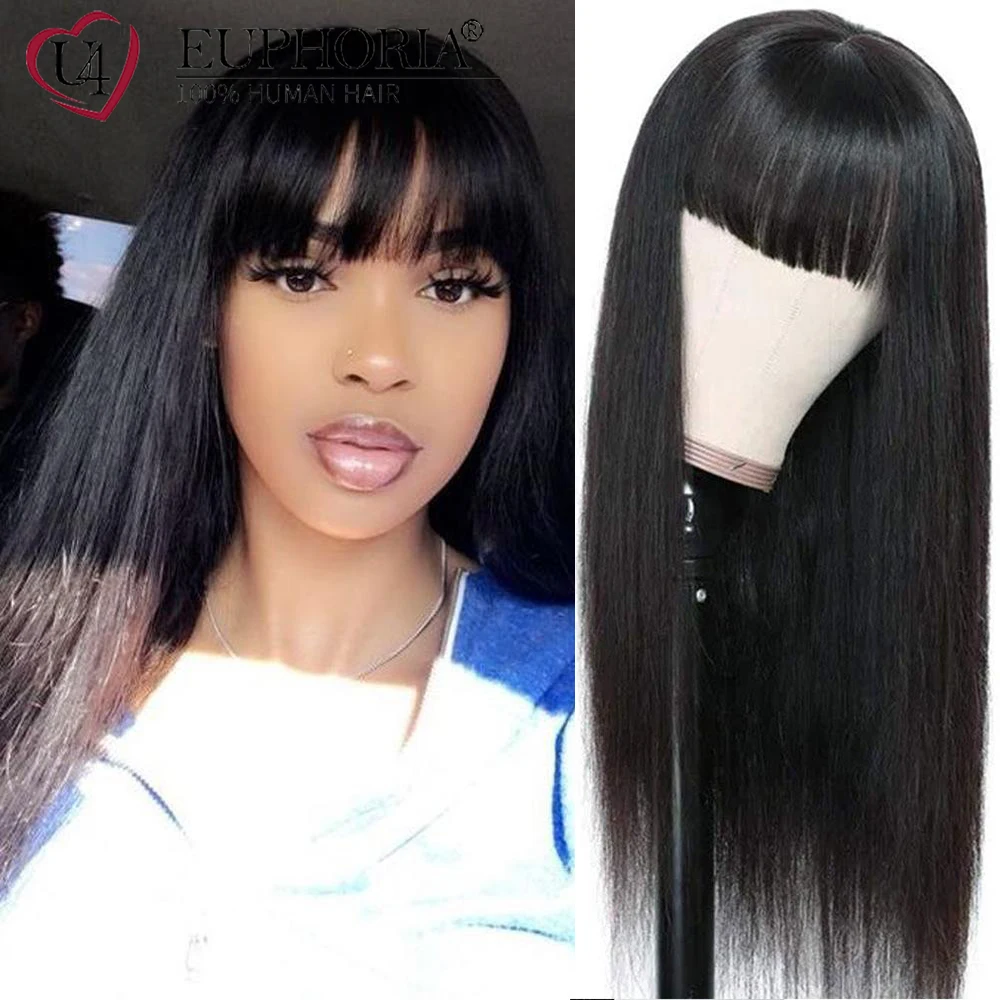 

Brazilian Remy Human Hair Full Machine Long Wigs With Bangs Natural Color Straight Hair Bob Wigs None Lace Wigs 8-28InchEUPHORIA