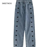 womens jeans 2021 spring and autumn new korean love embroidery casual straight trousers high waist slim jeans women loose