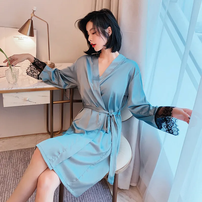 JINUO Women's Sleepwear Sexy Satin Pajama Set White Lace V-Neck Pyjamas Sleeveless Cute Cami Robe and nightdress for Women | Женская