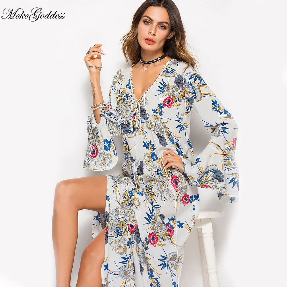 Длинное платье с рукавами клеш V образным вырезом и принтом|Женские платья| |