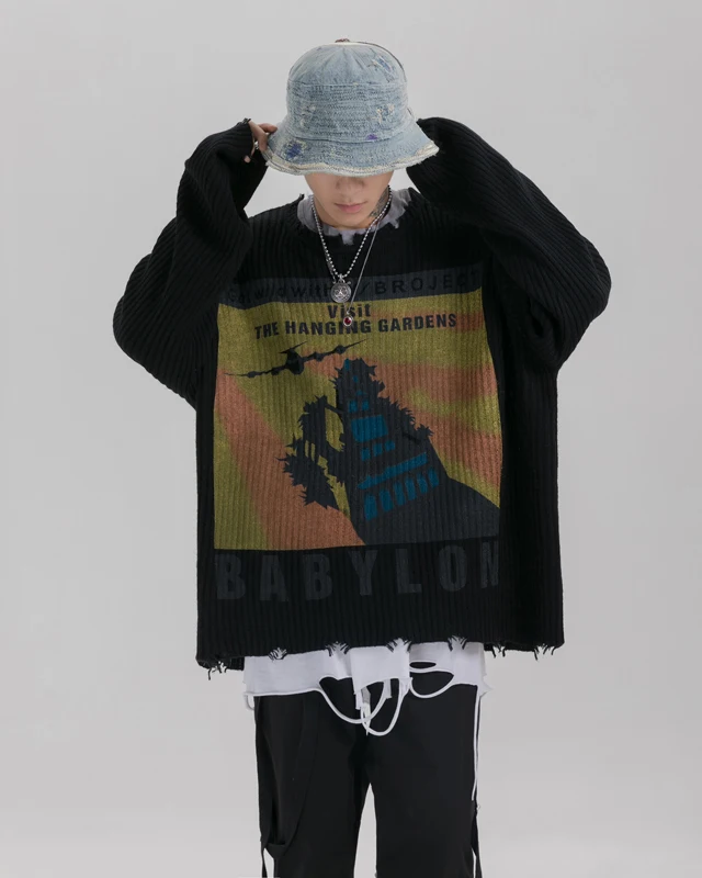 Мужские свитера уличная одежда в стиле хип хоп с потертостями на шее Ретро стиль