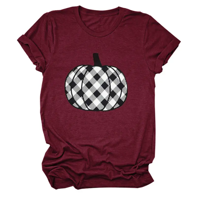 

Women Halloween Plaid Pumpkin Summer Ladies Funny Hipster Streetwear Short Sleeve Soft Tee Top Trendy Crew Neck T-Shirt
