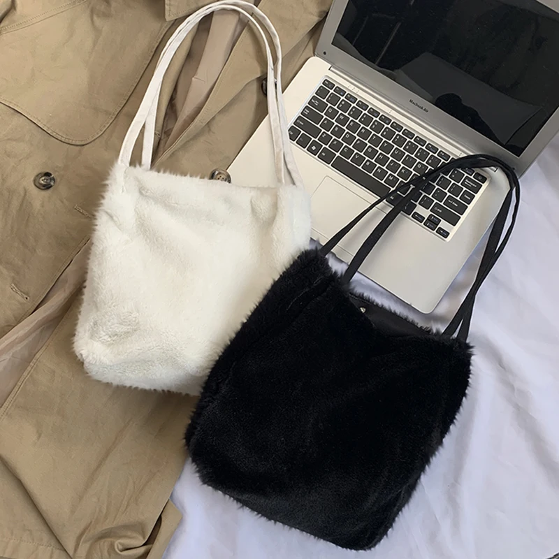 Fluffy Bags For Women 2022 New Trending Cute Shopper Tote Shoulder Luxury Faux Fur Small Fashion Simple Female Plush Handbags