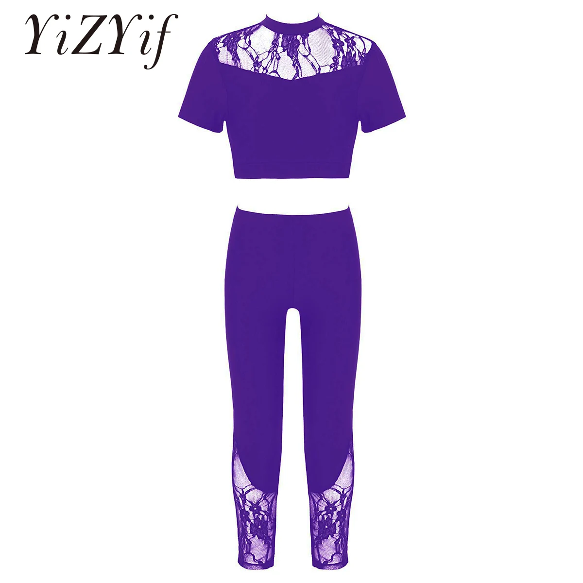 

Kids Girls Ballet Dancewear Workout Gymnastics Outfits Sport Bra Top Lace Tops with Hot Pants Leggings Set Dance Class Costume