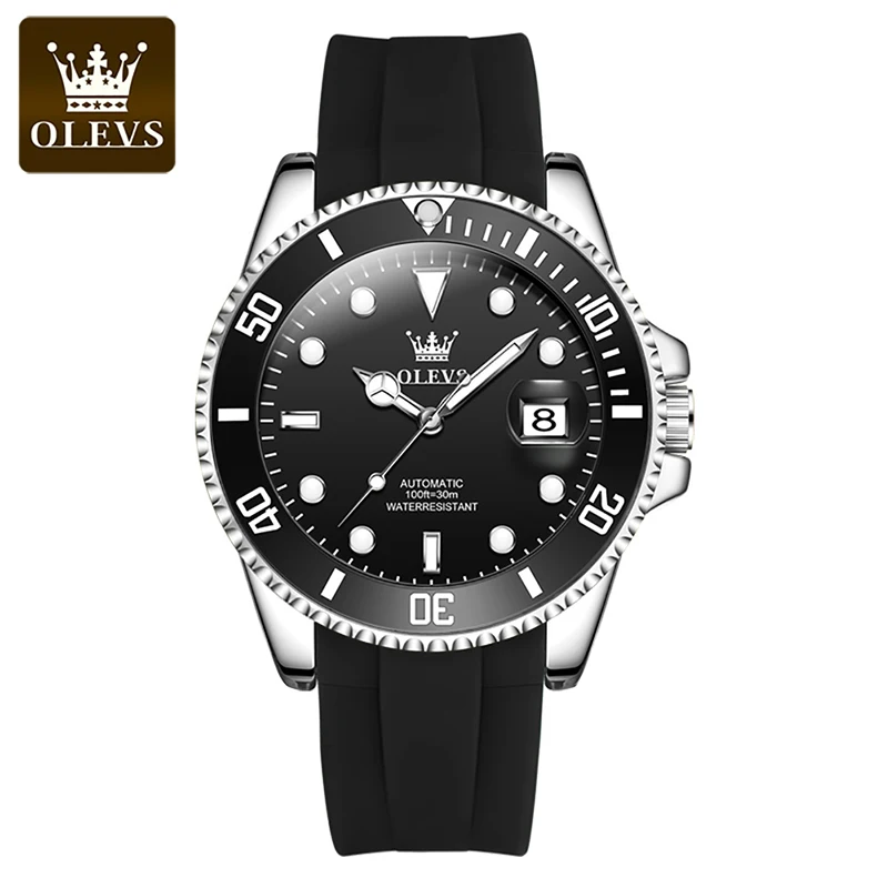 OLEVS Top Brand Luxury Men Automatic Mechanical Wristwatches Simple Calendar Luminous Silicone Strap Waterproof Men Watch 6650