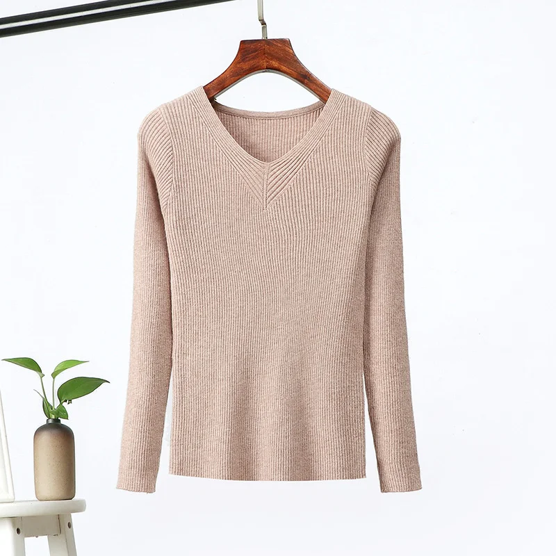 

Свитер женский трикотажный в рубчик, пуловер с длинным рукавом и V-образным вырезом, Облегающий мягкий теплый джемпер, Осень-зима
