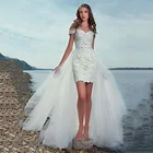 Пляжное Короткое свадебное платье 2021, со съемным шлейфом и кружевными аппликациями, свадебные платья для любимой, для невесты, 2 в 1